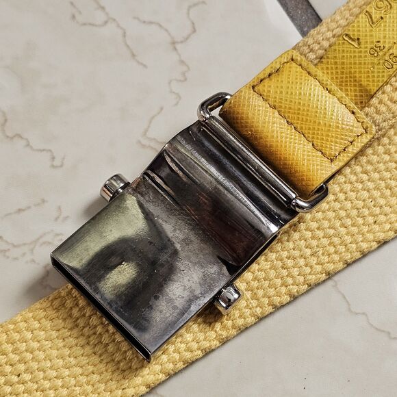 PRADA Waist Belt Yellow Nylon Fabric Silver Logo Buckle Size 36 Made In Italy - Picture 3 of 15